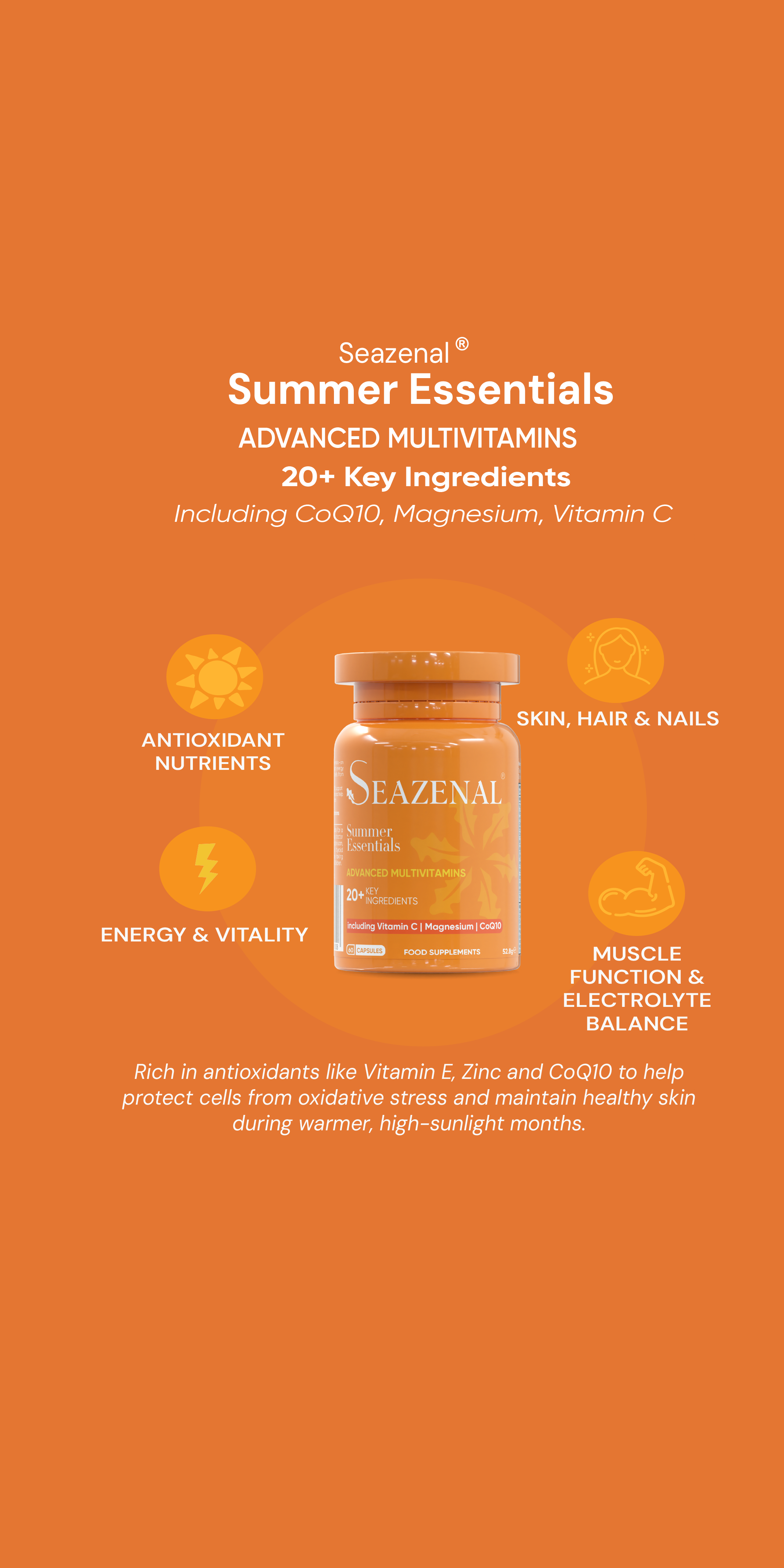 info-graph for Seazenal multivitamins on an orange background with product and brand name displayed.