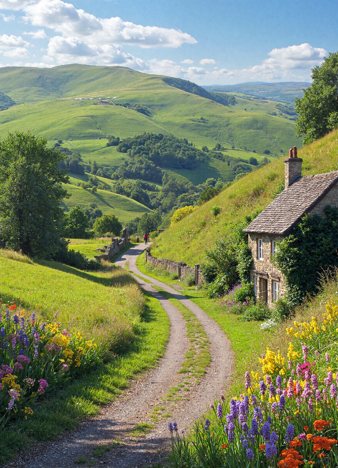 Cottage nestled among rolling green hills with a path leading to it, surrounded by flowers.