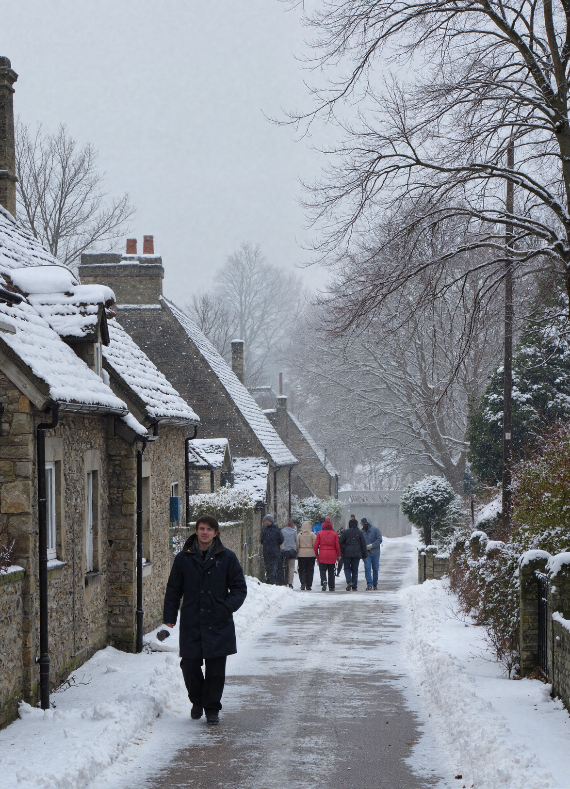 People walking along a snow-covered street with stone houses and bare trees.