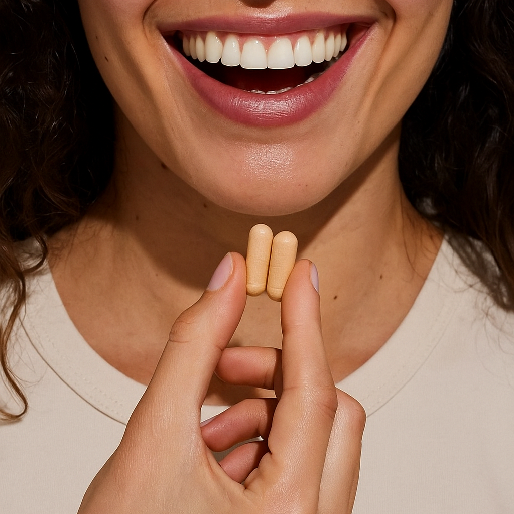 Close-up of a woman holding two small capsules. Multivitamin supplements healthy lifestyle. happy