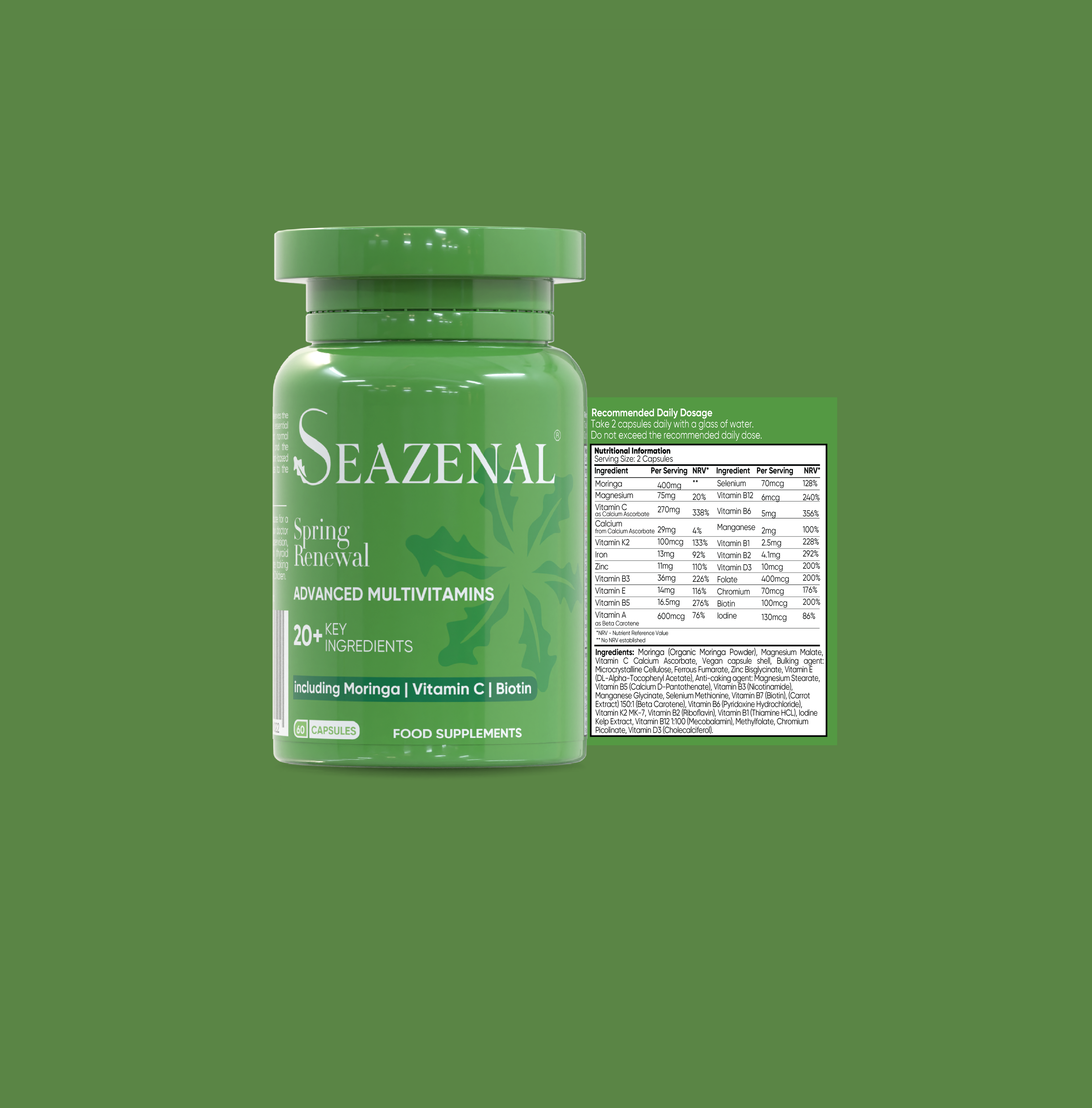 Seazenal spring renewal multivitamins supplements in green bottle with label on a green background. the label as nutritional information with ingredients including vitamin C, vitamin D3, magnesium, Moringa, biotin, vitamin b12, iron, zinc, selenium, Chromium. premium bottle