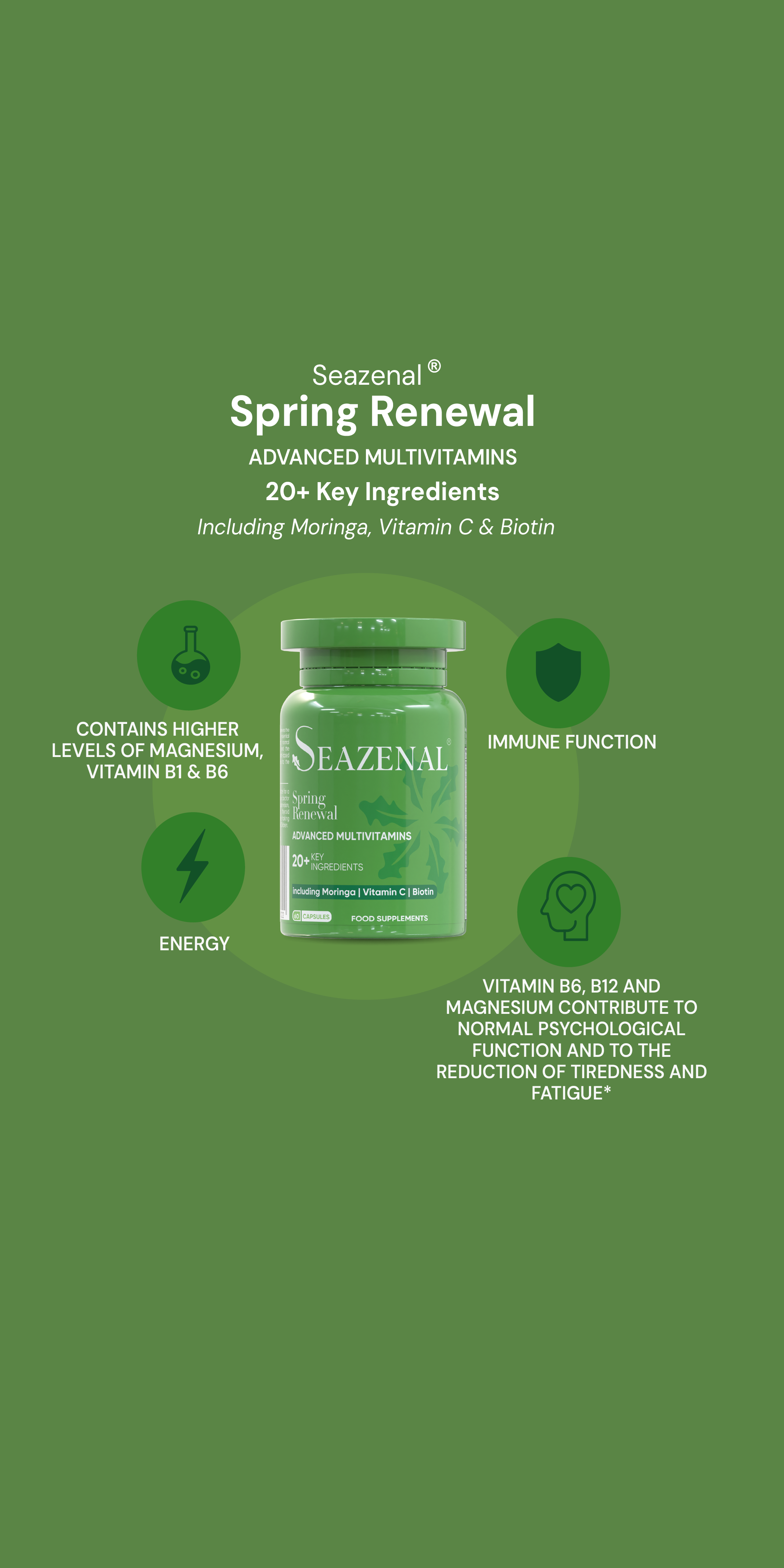 Seazenal Spring Renewal multivitamin supplements bottle on a green background with product details. immune function, energy, magnesium