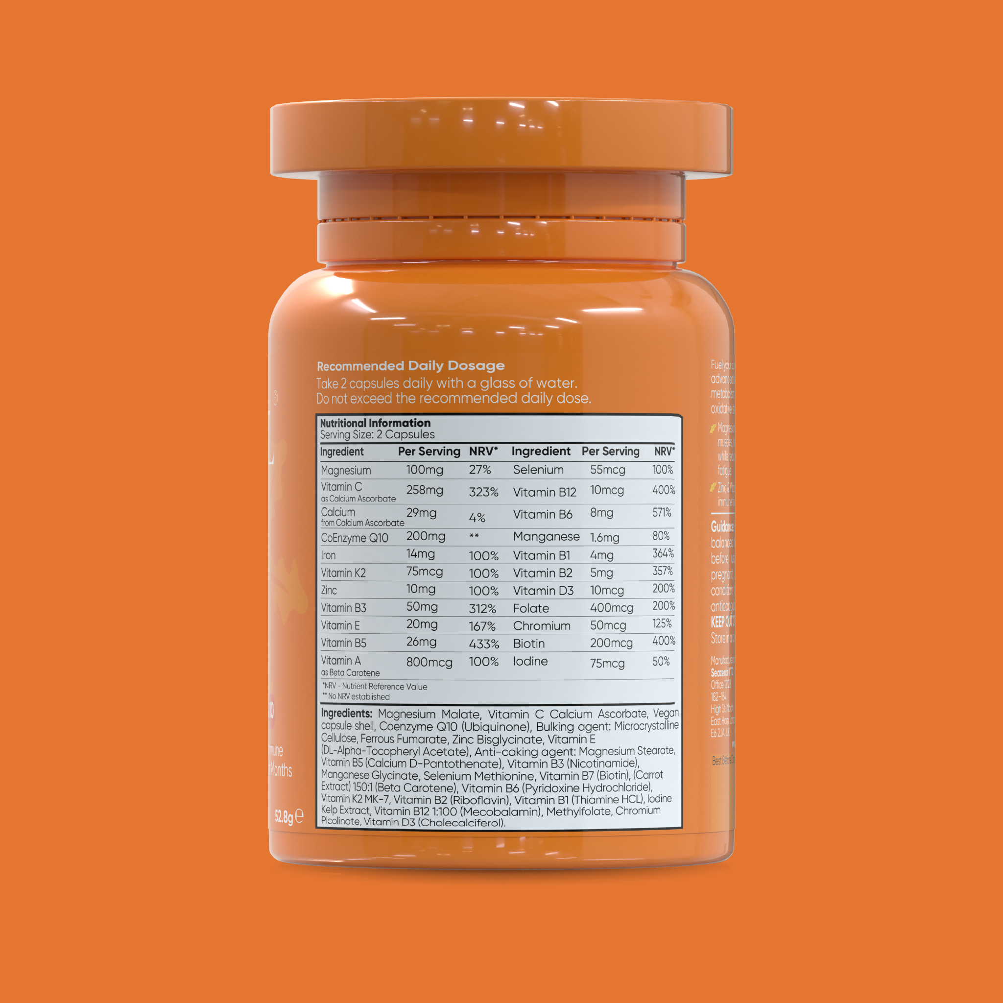 Seazenal Summer essentials Orange supplement bottle with label on an orange background. The label contains the nutritional information and ingredients. Magnesium, vitamin c, CoEnzyme Q10, iron, zinc, vitamin b12, chromium, biotin, iodine, folate, selenium.