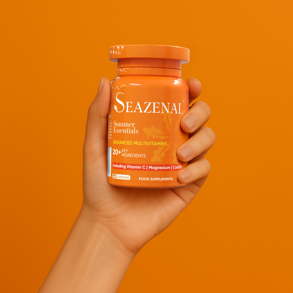Seazenal Summer Essentials Advanced Multivitamins Capsule Supplements. Vitamin C, Magnesium, Coenzyme Q10, Vitamin D. immunity, natural, collagen, skin, bone health, healthy diet. For men and women. 