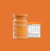 Seazenal Summer essentials capsule supplement orange bottle with label on an orange background. the label as nutritional information with ingredients including vitamin C, vitamin D3, magnesium, coenzyme q10, biotin, vitamin b12, iron, zinc, selenium, Chromium. Premium