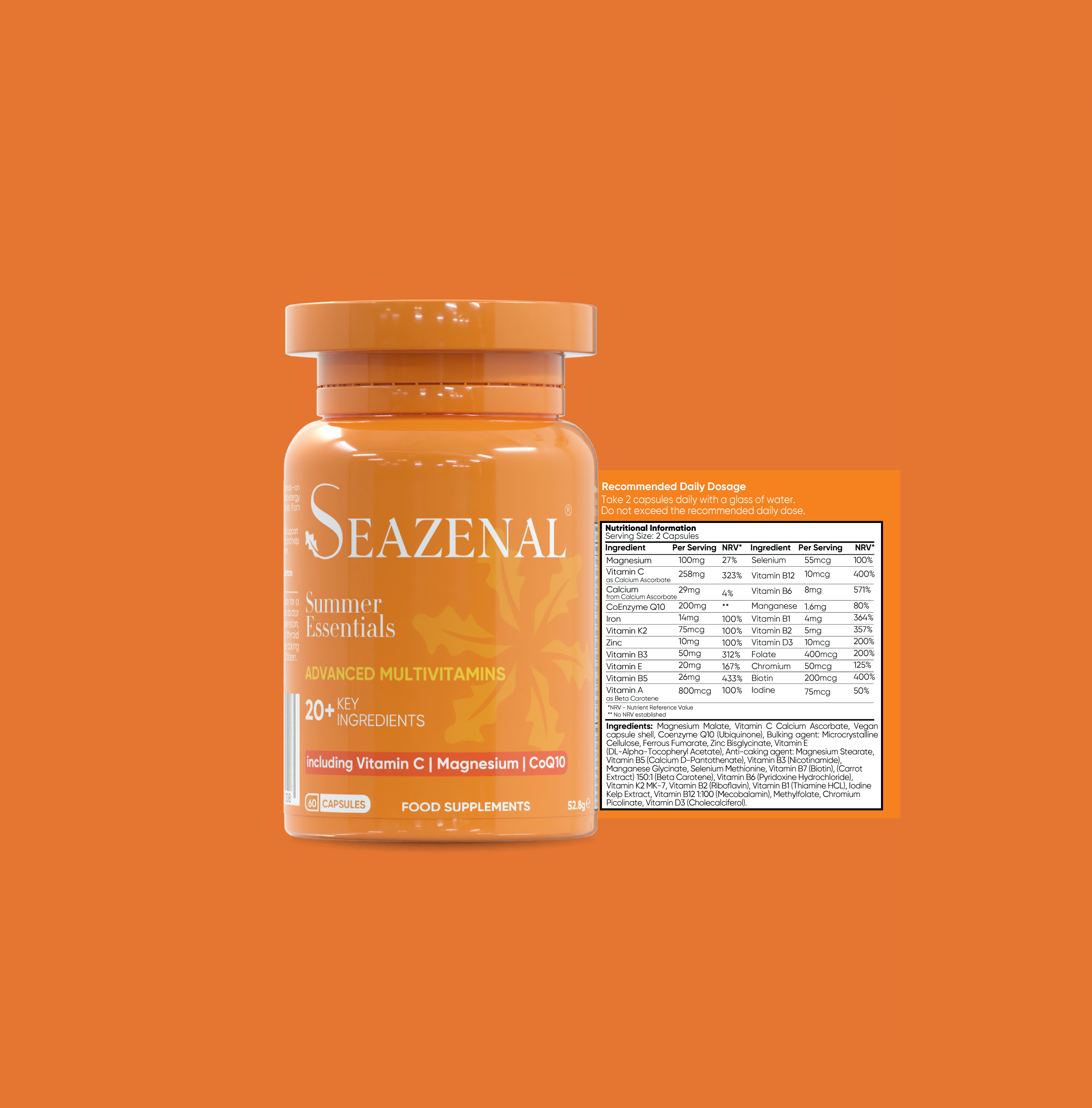 Seazenal Summer essentials capsule supplement orange bottle with label on an orange background. the label as nutritional information with ingredients including vitamin C, vitamin D3, magnesium, coenzyme q10, biotin, vitamin b12, iron, zinc, selenium, Chromium. Premium