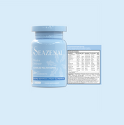 Seazenal Autumn Defence multivitamins supplements in blue bottle with label on a blue background. the label as nutritional information with ingredients including vitamin C, vitamin D3, magnesium, Glutathione, biotin, vitamin b12, iron, zinc, selenium, Chromium. premium bottle