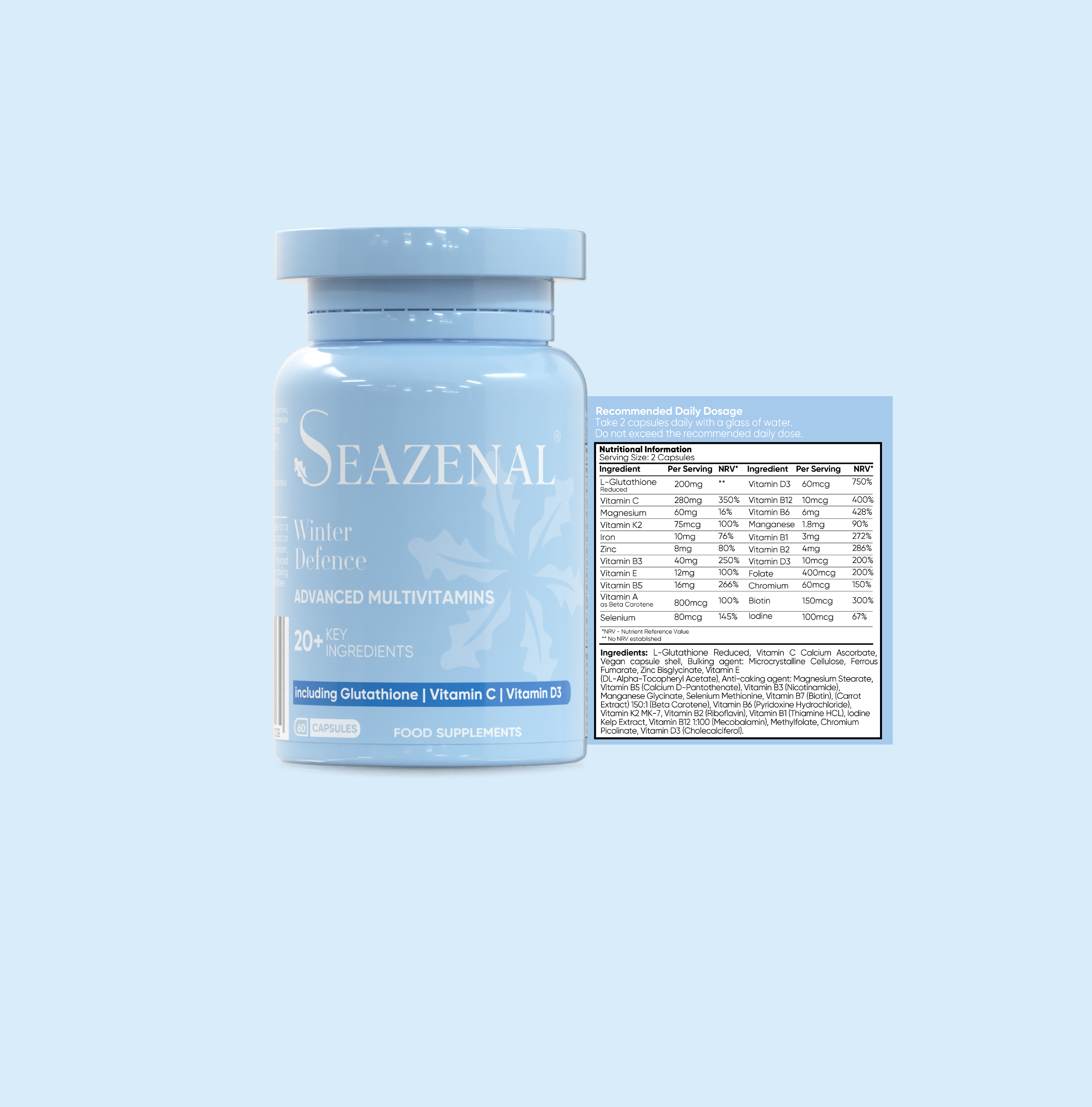 Seazenal Autumn Defence multivitamins supplements in blue bottle with label on a blue background. the label as nutritional information with ingredients including vitamin C, vitamin D3, magnesium, Glutathione, biotin, vitamin b12, iron, zinc, selenium, Chromium. premium bottle