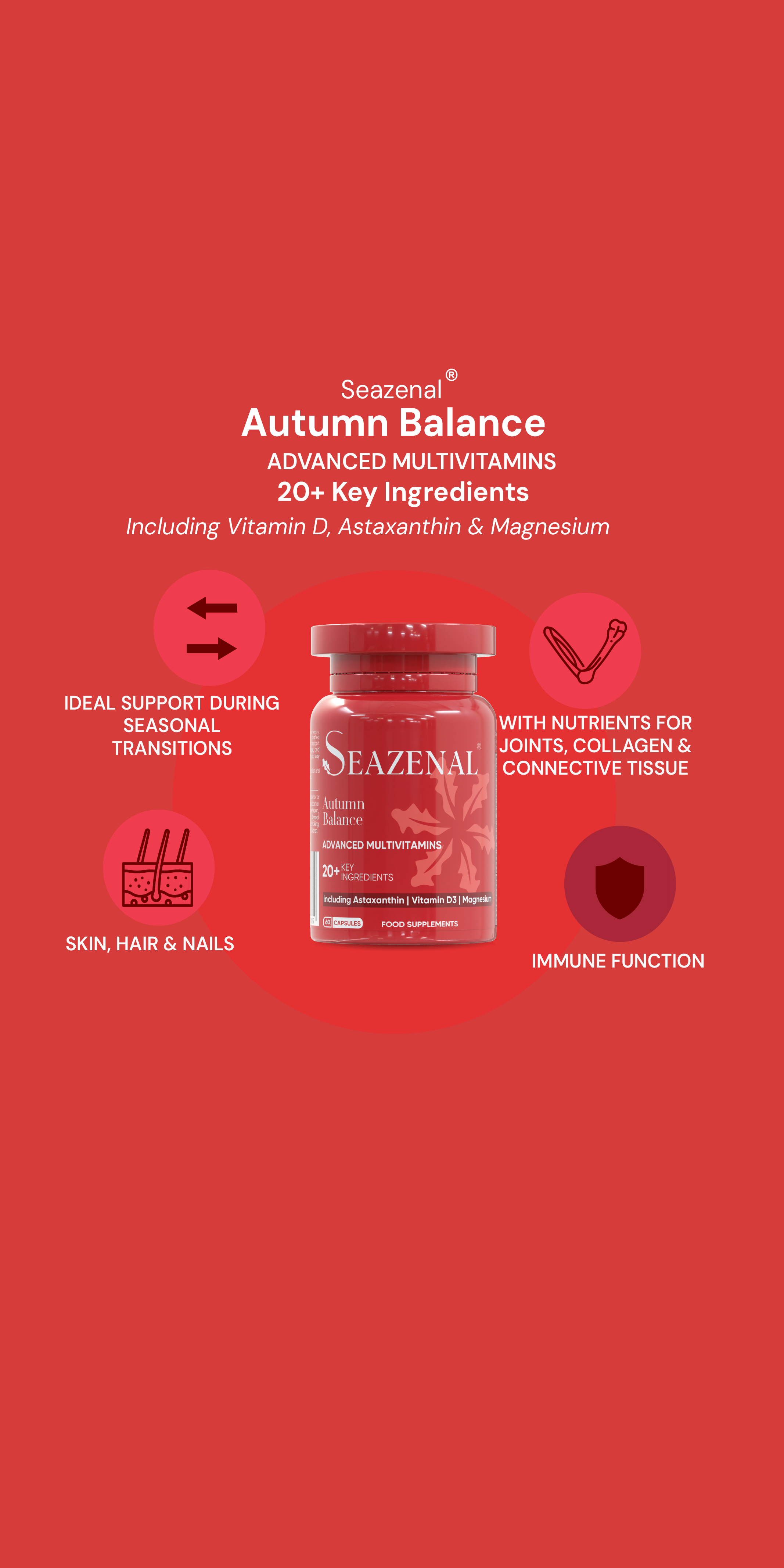 Seazenal Autumn Balance multivitamin bottle on a red background with product details. 