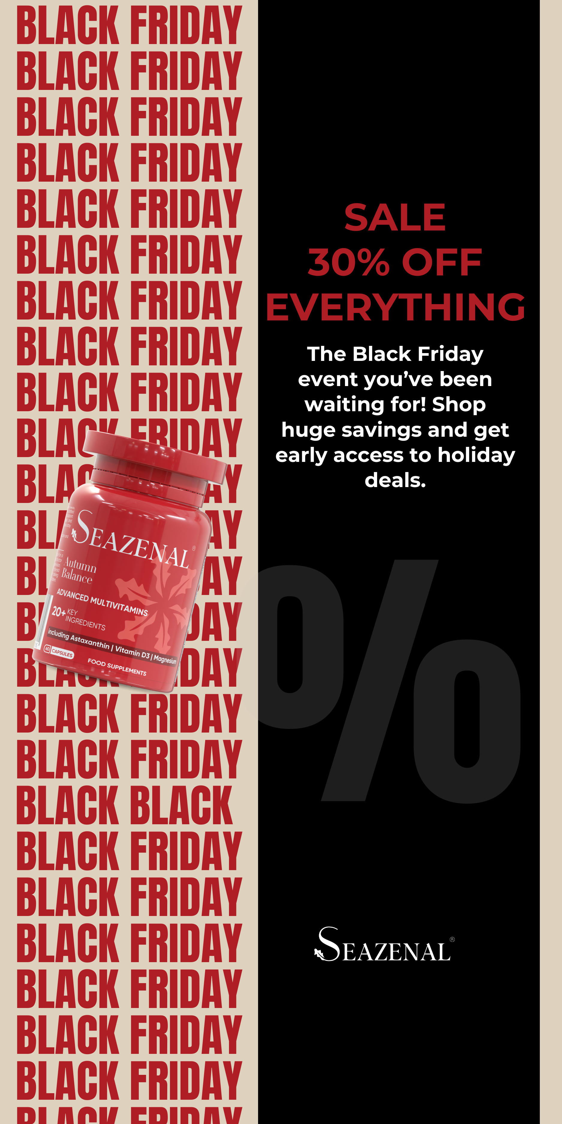 Black Friday sale advertisement for Seazenal with a red bottle on a black background. vitamin d3