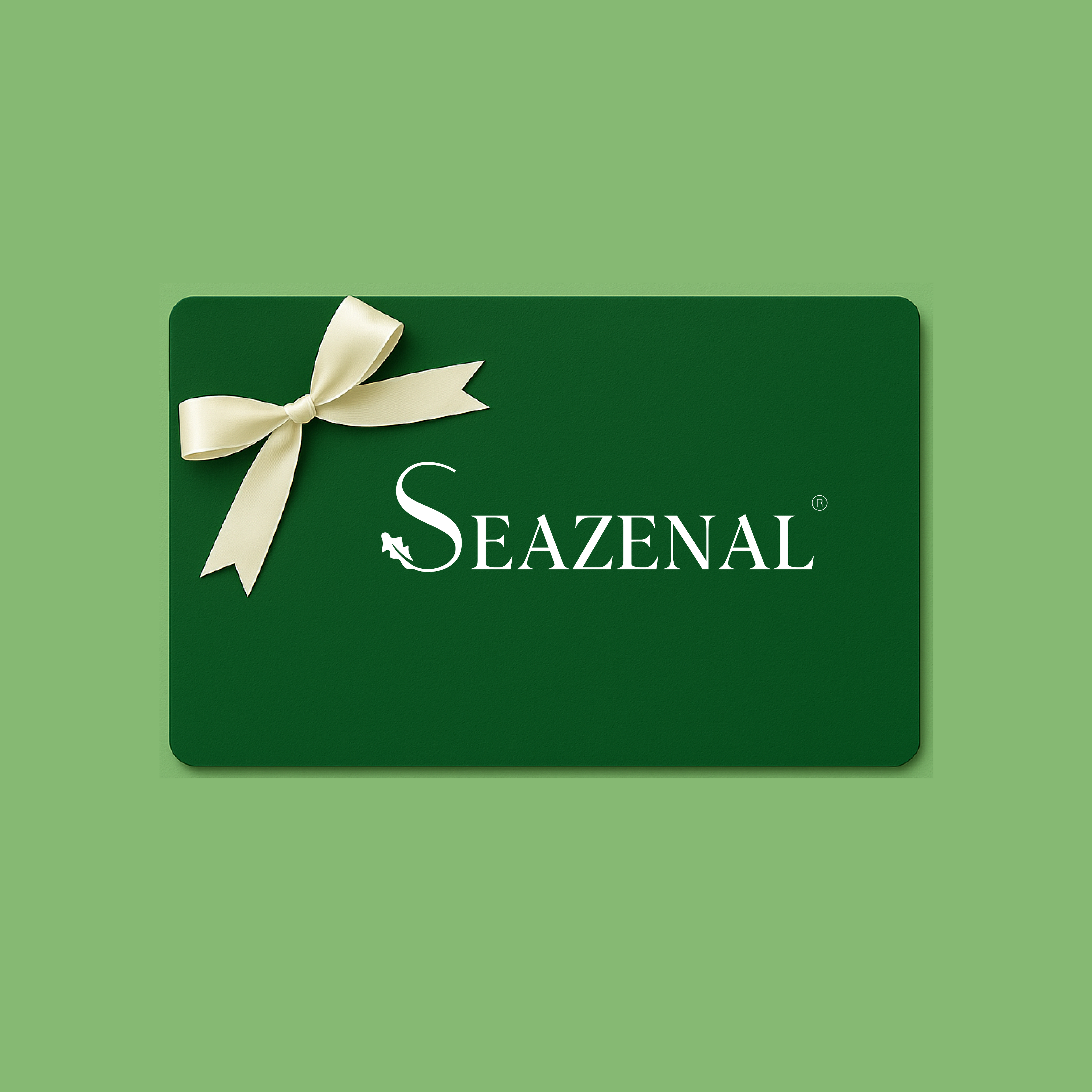 Green Seazenal gift card for for supplements and multivitamins with a white bow and 'Seazenal' logo on a green background